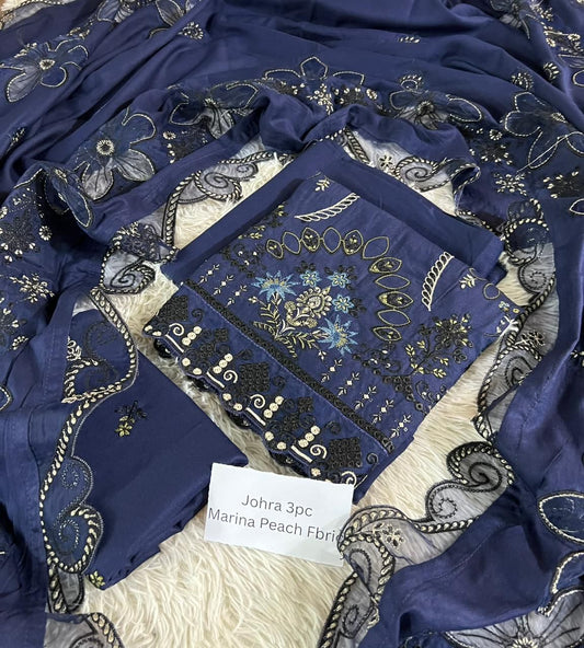 Johra Marina Peach 3-Piece Winter Collection 2025 – Heavy Embroidered Suit with Laser Cut Shawl
