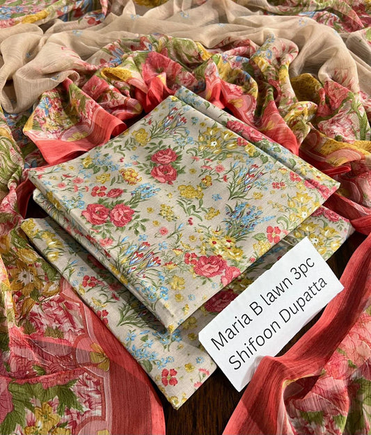 Maria.B Inspired Lawn 3-Piece Suit with Chiffon Dupatta – Summer Collection 2026