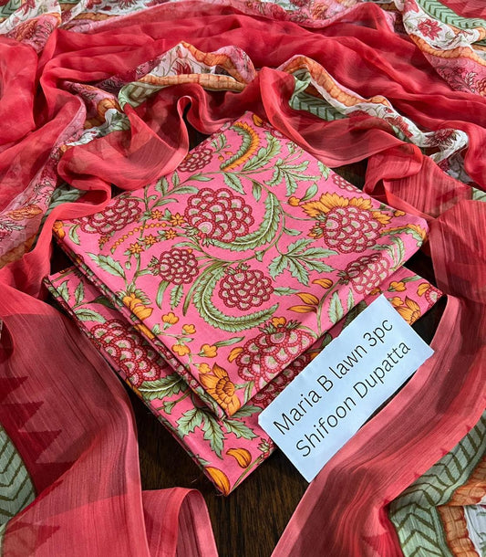 Maria.B Inspired Lawn 3-Piece Suit with Chiffon Dupatta – Summer Collection 2026