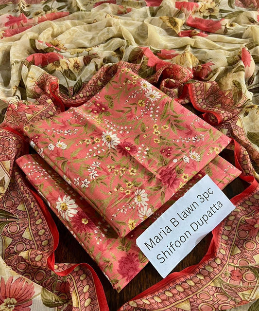 Maria.B Inspired Lawn 3-Piece Suit with Chiffon Dupatta – Summer Collection 2026