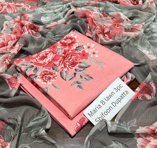 Maria.B Inspired Lawn 3-Piece Suit with Chiffon Dupatta – Summer Collection 2026