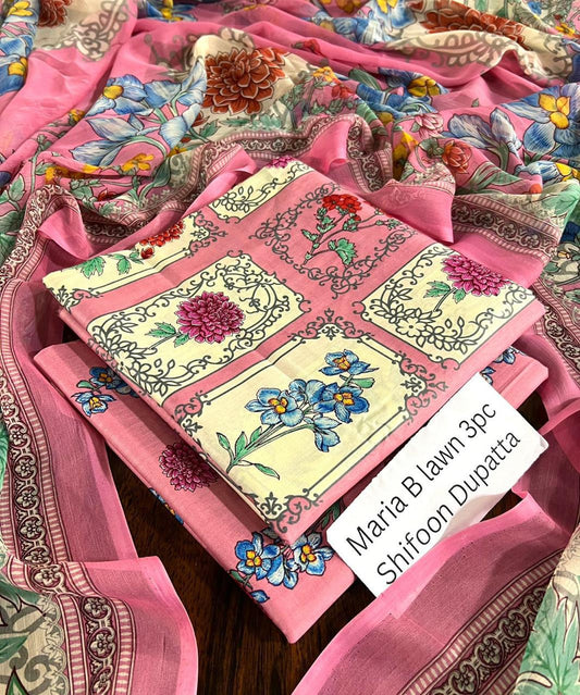 Maria.B Inspired Lawn 3-Piece Suit with Chiffon Dupatta – Summer Collection 2026