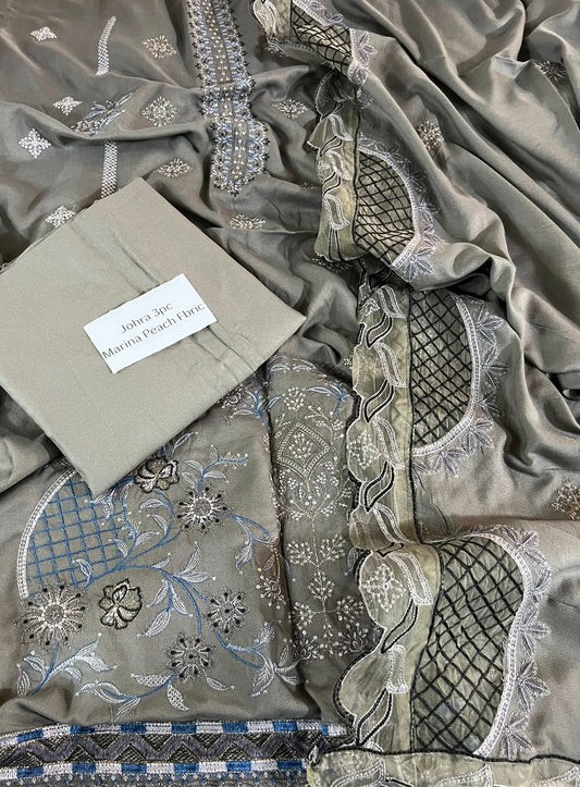 Johra Marina Peach 3-Piece Winter Collection 2025 – Heavy Embroidered Suit with Laser Cut Shawl