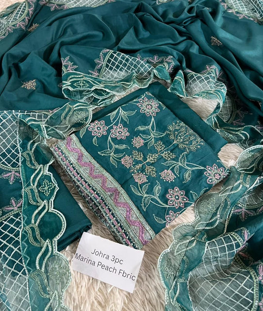 Johra Marina Peach 3-Piece Winter Collection 2025 – Heavy Embroidered Suit with Laser Cut Shawl